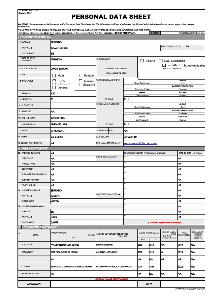 Personal Data Sheet Template | PDF | Crimes | Crime & Violence