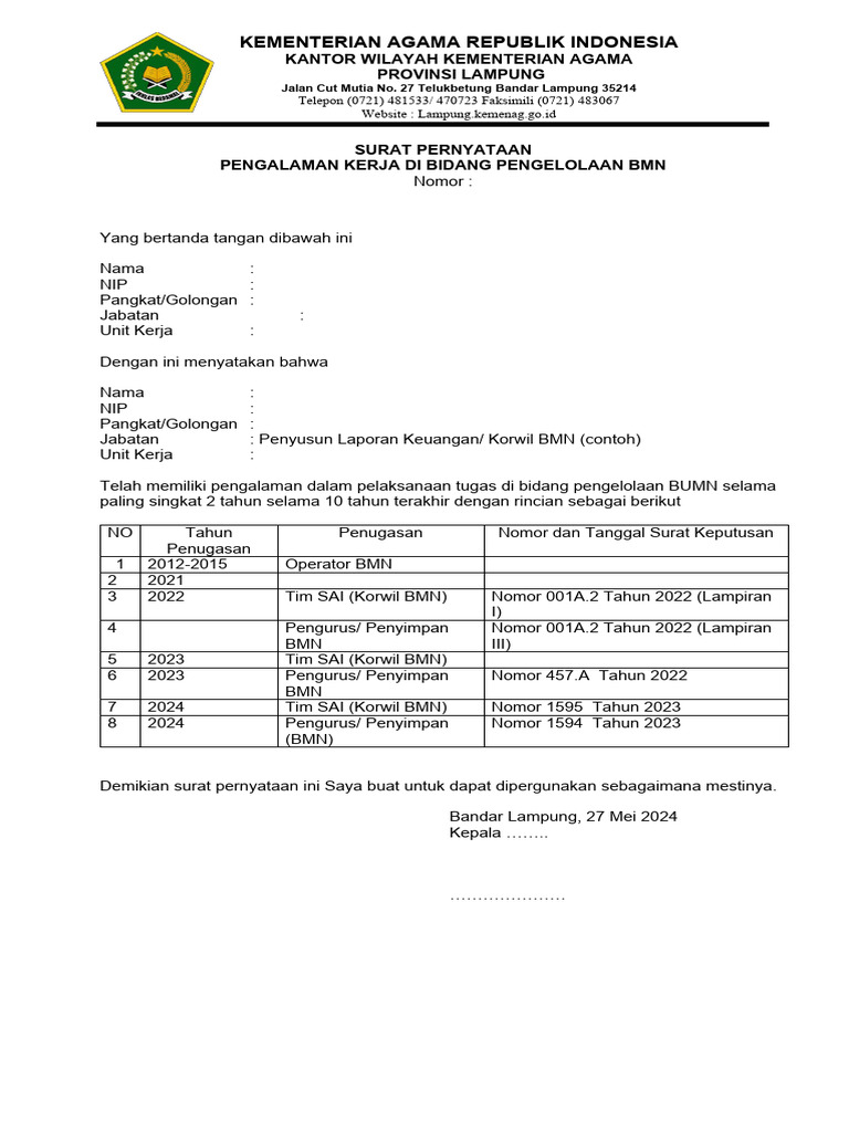 Surat Pernyataan Pengalaman Kerja BMN | PDF | Bisnis