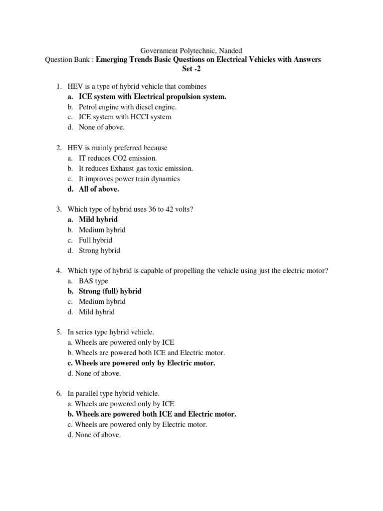 Ev Question Bank Set 2 Pdf Electric Vehicle Hybrid Electric Vehicle