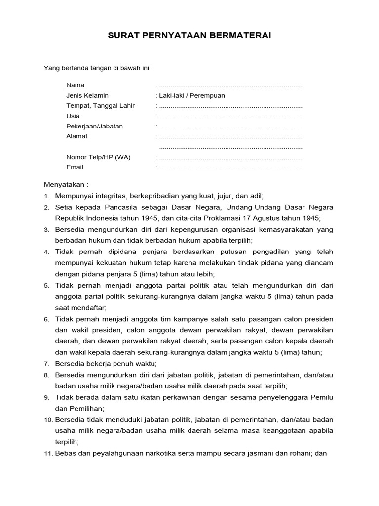 Surat Pernyataan Bermaterai | PDF