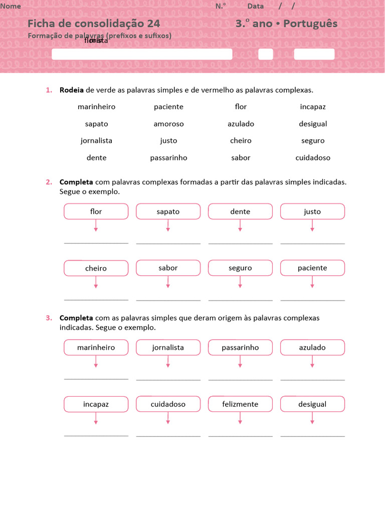 Ficha de Consolidação 24 - Formação de Palavras (Prefixos e Sufixos) 3º ...