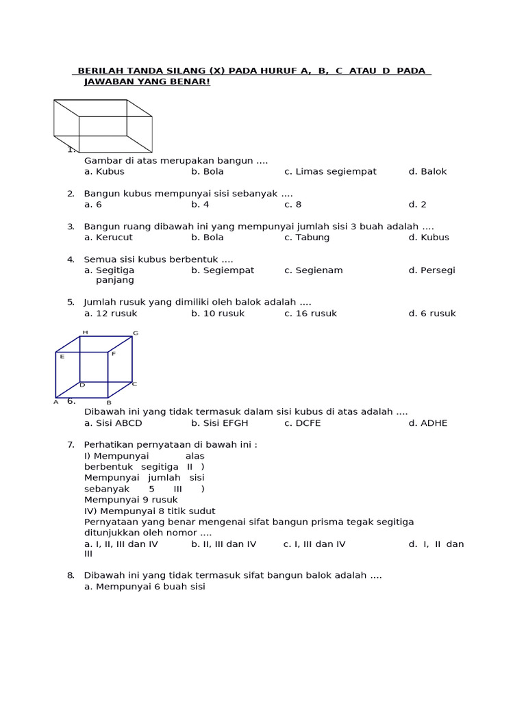 Soal Matematika Kelas 4 SD Bab 10 Bangun Ruang Dan Kunci Jawaban (WWW ...