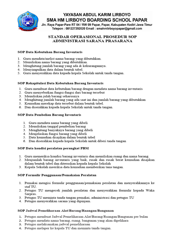 SOP Administrasi Sarana Prasarana Sekolah | PDF | Sains & Matematika