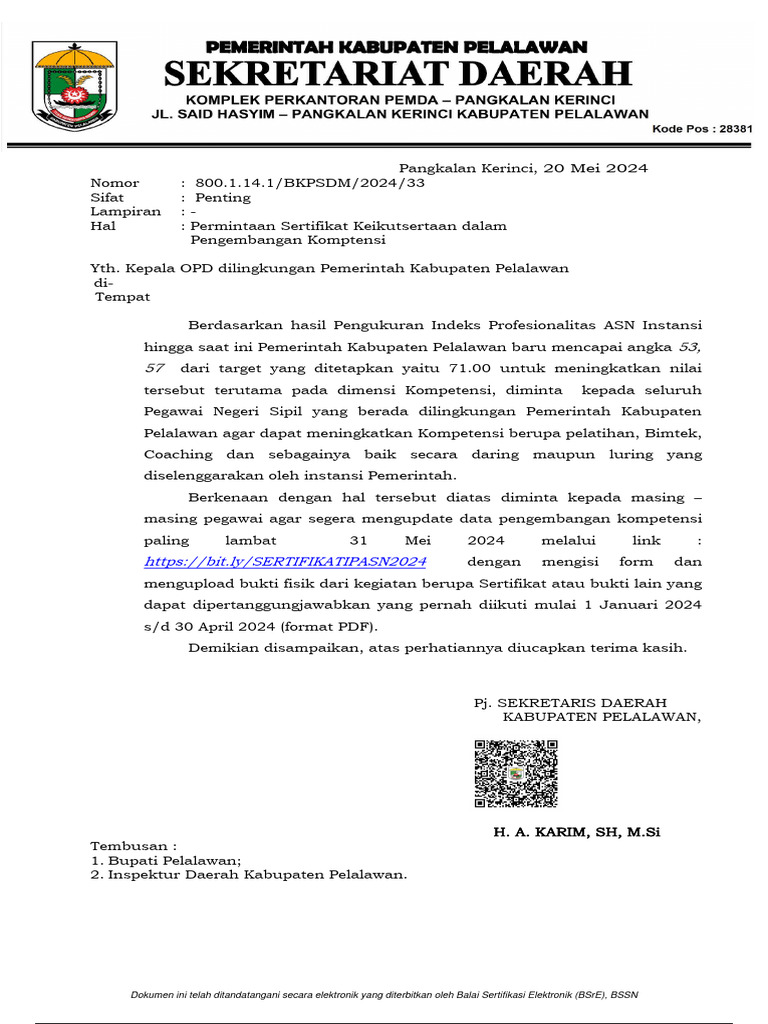 Permintaan Sertifikat Kompetensi ASN Pelalawan | PDF