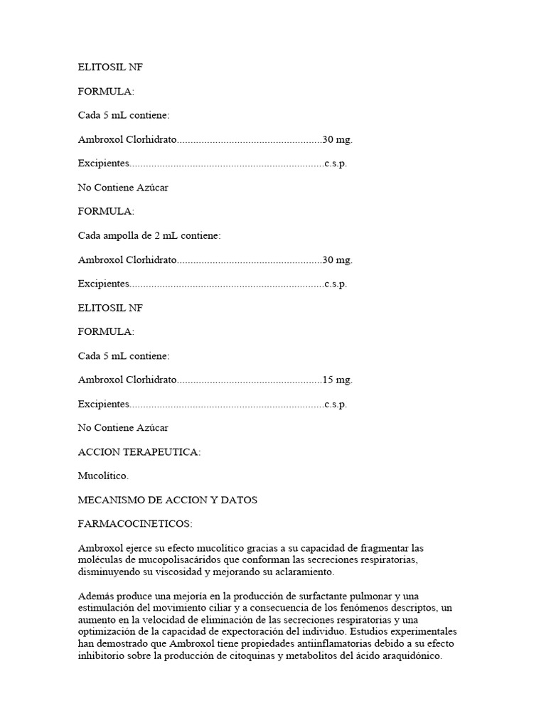 Elitosil NF: Mucolítico y Dosis | PDF | Farmacocinética | Drogas