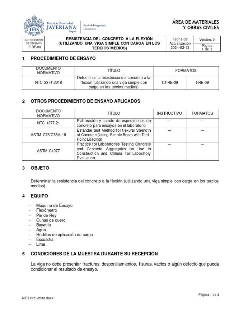 Ensayo de Flexión del Concreto NTC 2871 | PDF | Fractura | Viga ...