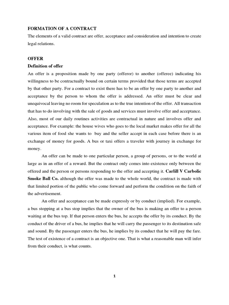 Formation Of Contract Offer Acceptance Pdf Offer And Acceptance