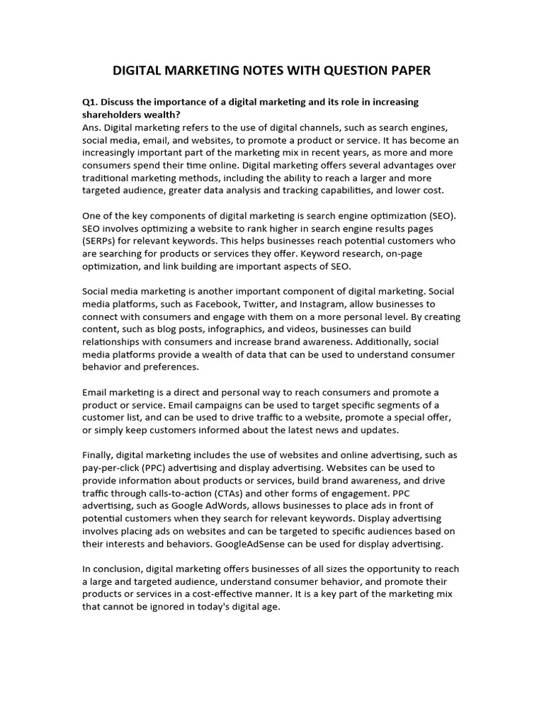 Digital Marketing Notes PDF Search Engine Marketing Digital Marketing