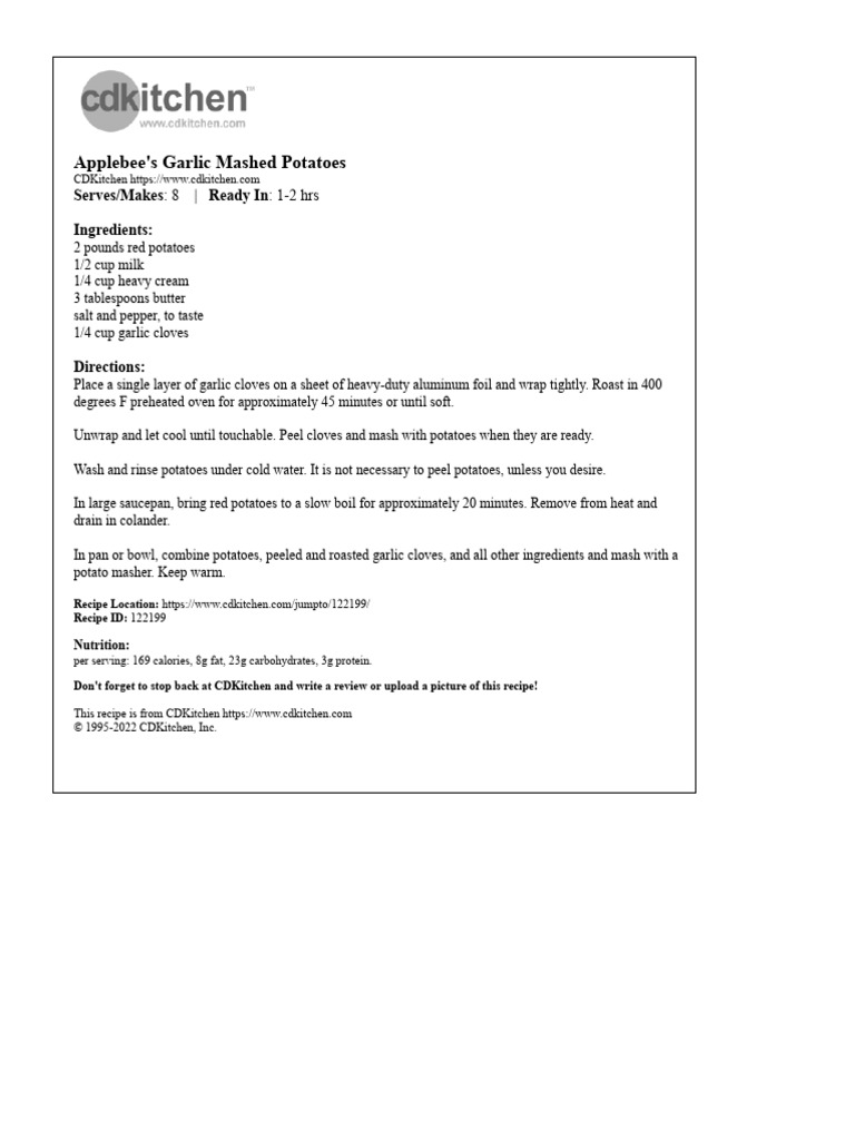 Applebee's Garlic Mashed Potatoes PDF