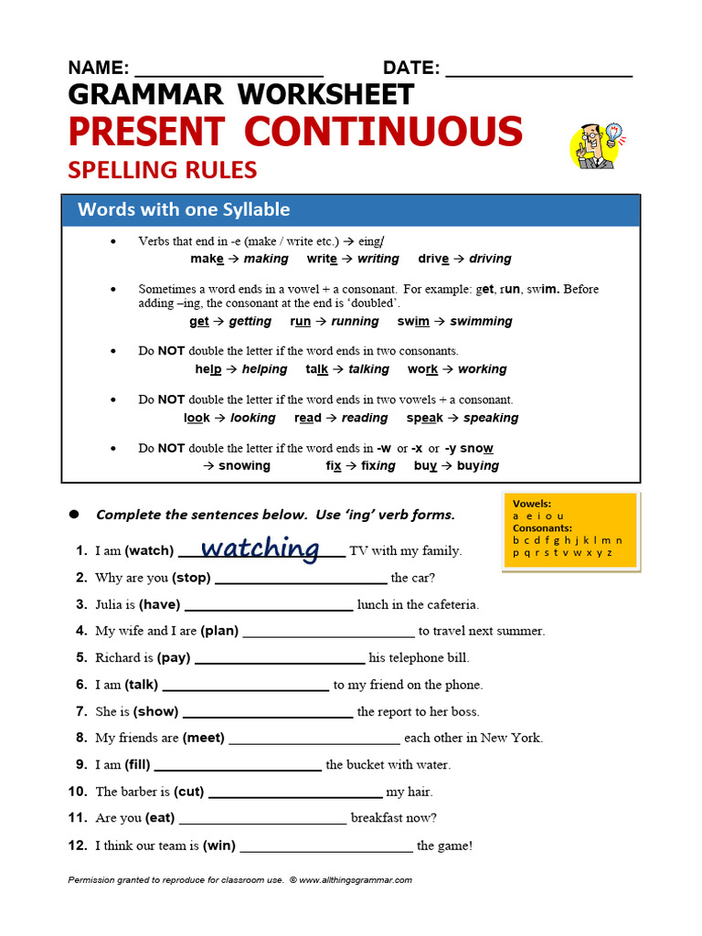 Present Continuous Tense Worksheet | PDF | Consonant | Word