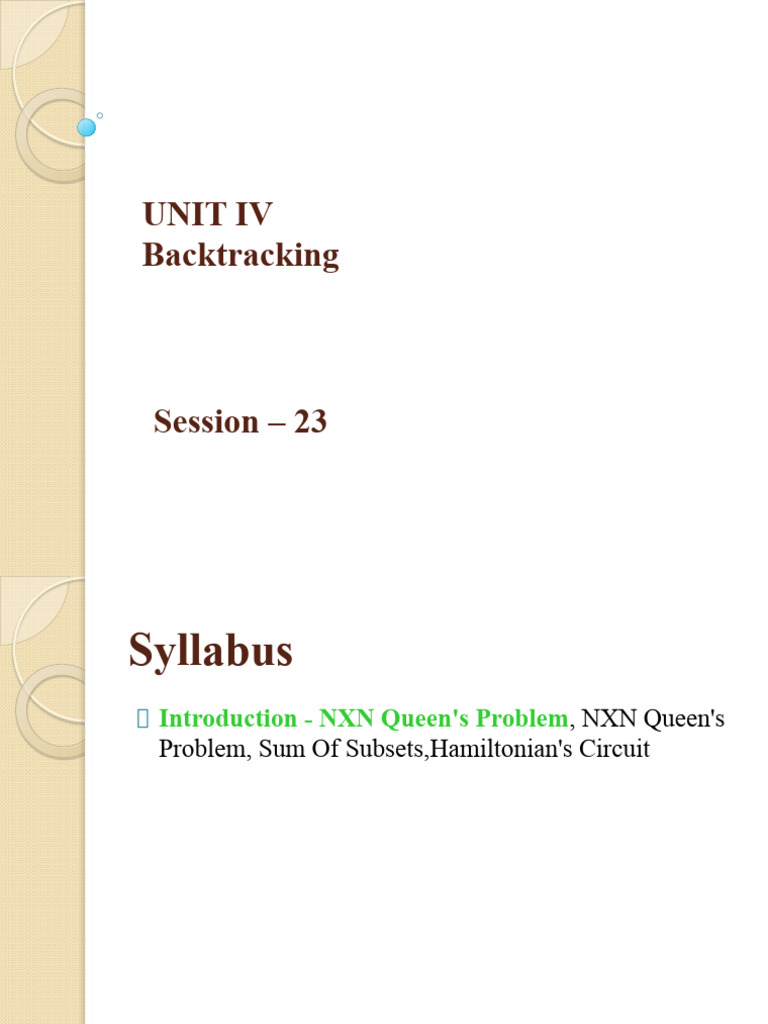 UNIT 4 - Session - 1 - N Queens Problem | PDF | Mathematics | Computer ...