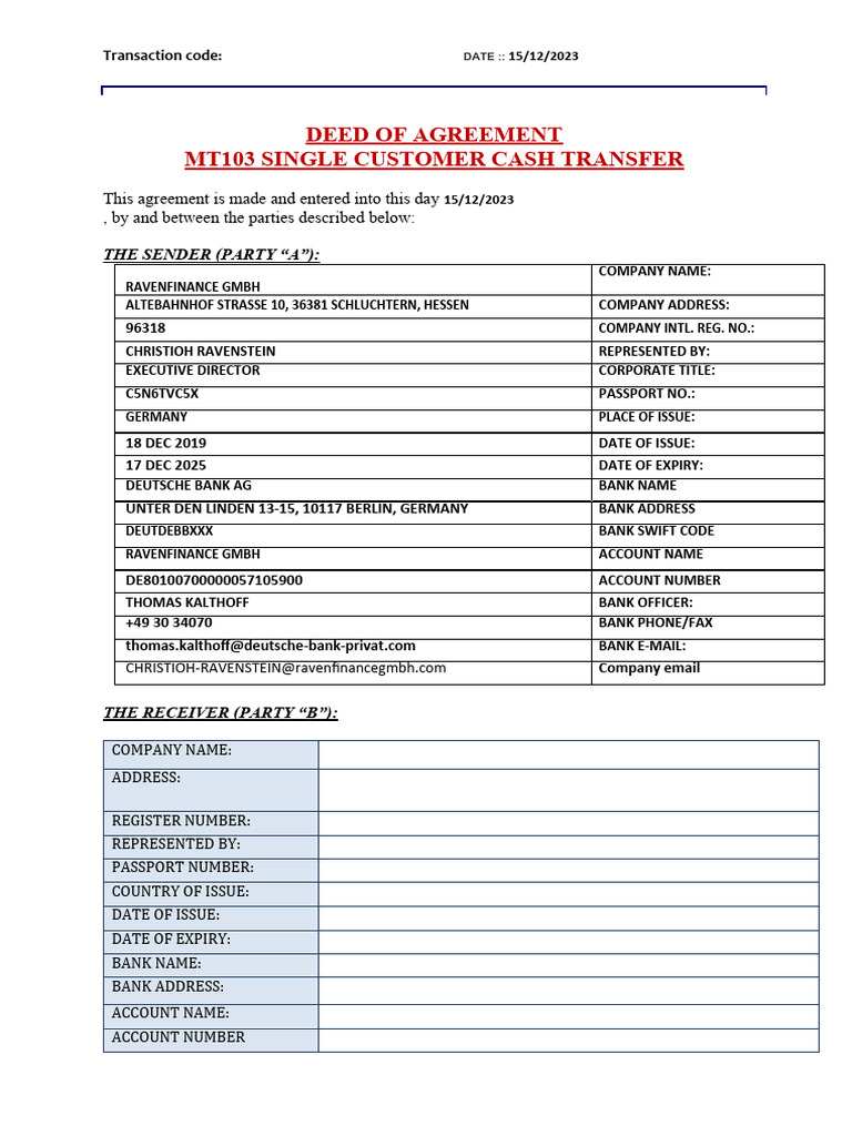 MT103 Cash Transfer Agreement | PDF | Private Law | Common Law