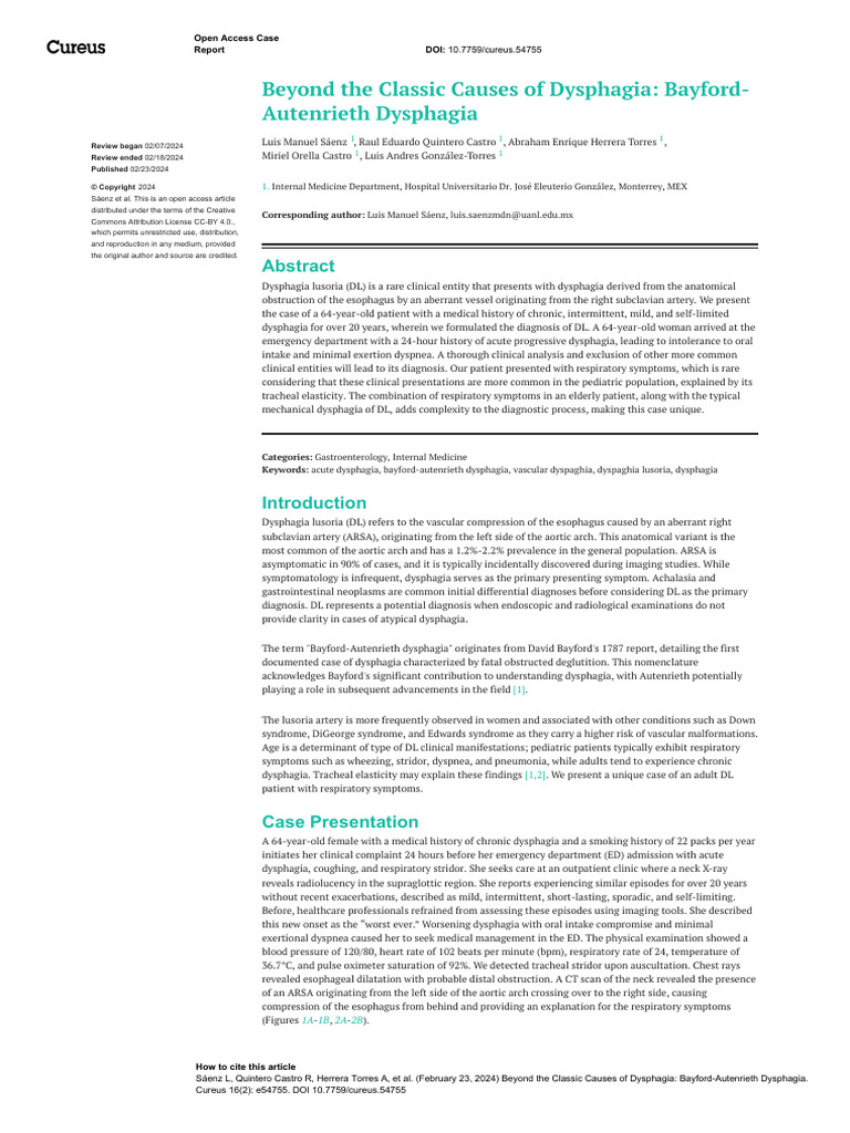 Beyond The Classic Causes of Dysphagia Bayford-Aut | PDF | Esophagus ...