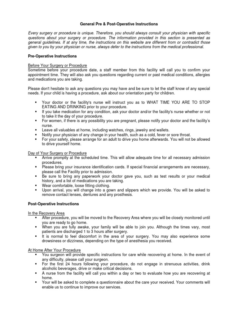 Pre & Post-Operative Care Guidelines | PDF | Surgery | Social Programs