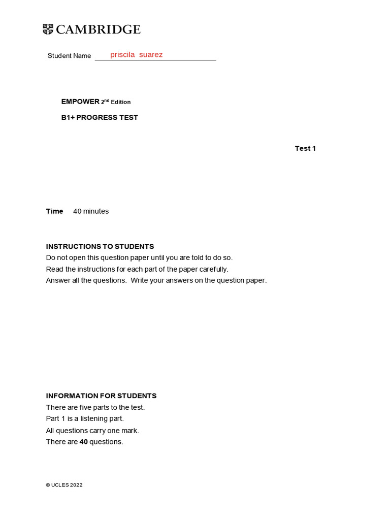 B1+ Unit 1 Progress Test Answers | PDF