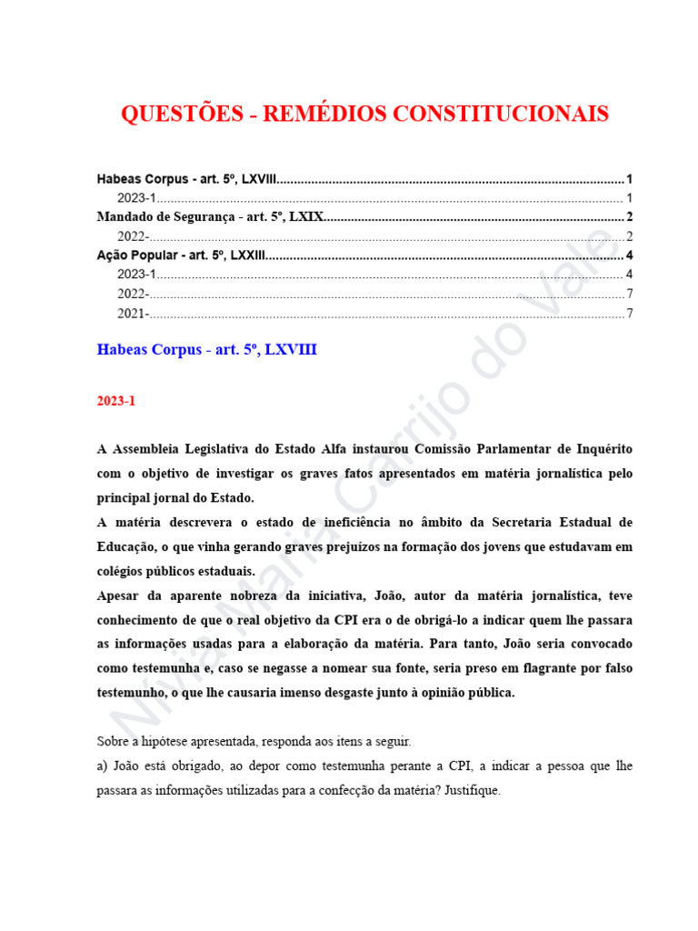 Remédios Constitucionais em Questão | PDF | Mandamus | Habeas corpus