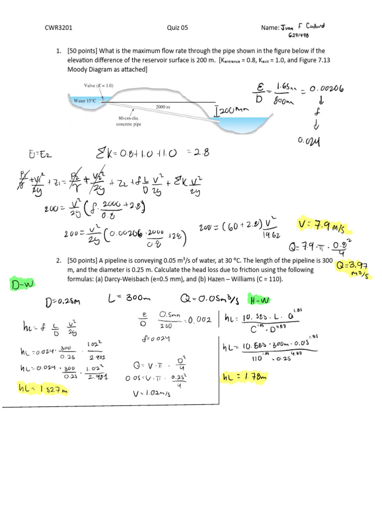 Mechanics of Fluids Quiz Juan Cadavid | PDF | Process Engineering ...