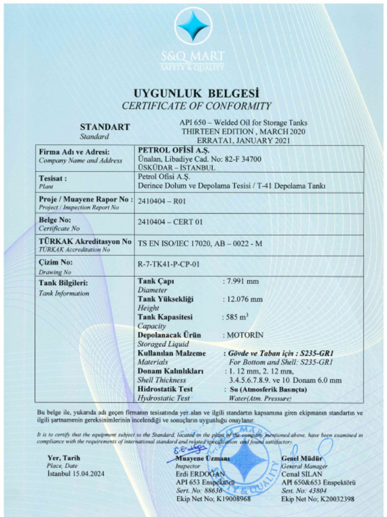 Poaş Derince Terminal T-41 API 650 Uygunluk Belgesi | PDF