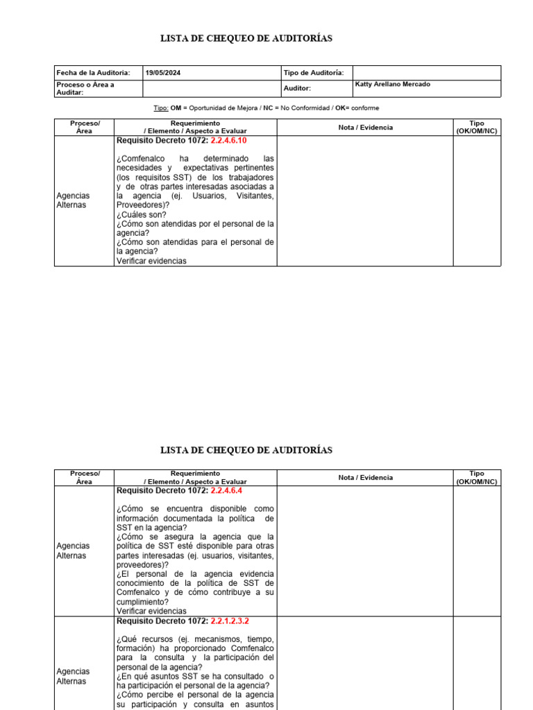Lista de Chequeo de Auditoria | PDF | Auditoría