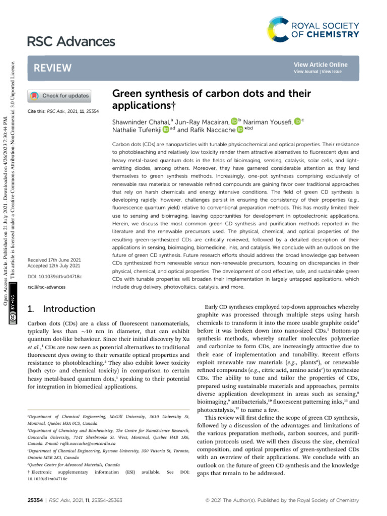 Green Synthesis of Carbon Dots Explained | PDF | Organic Synthesis ...