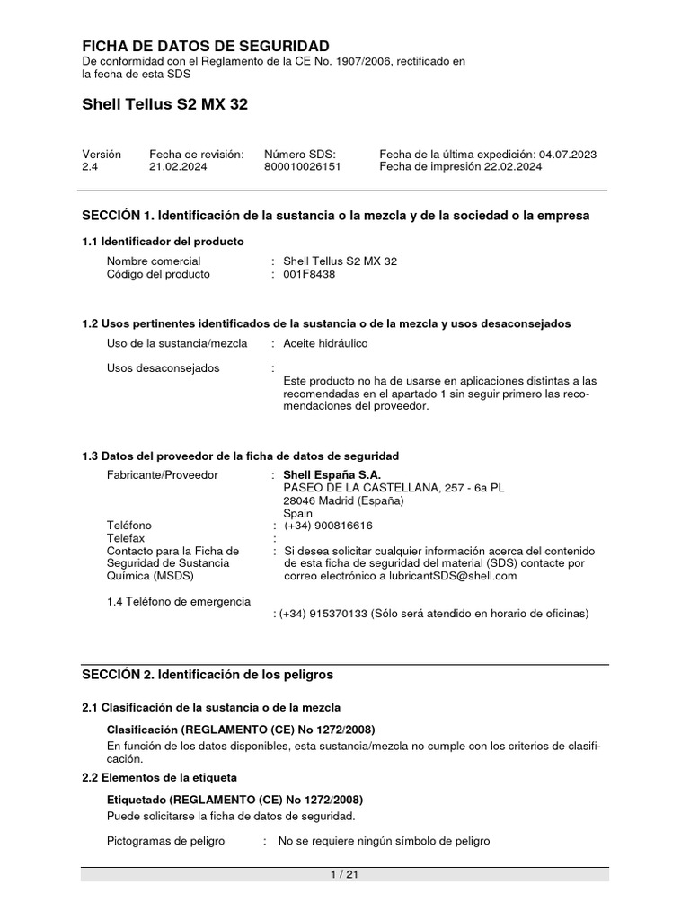 Ficha de Seguridad Shell Tellus S2 MX 32 | PDF | Toxicidad | Química