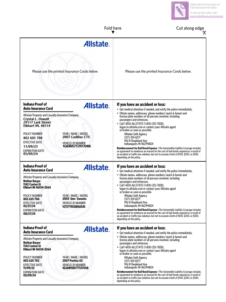 Indiana Auto Insurance Cards | PDF | Insurance | Vehicle Insurance