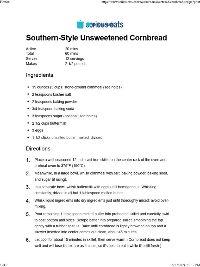 Southern-Style Unsweetened Cornbread | PDF | Cuisine | Cooking