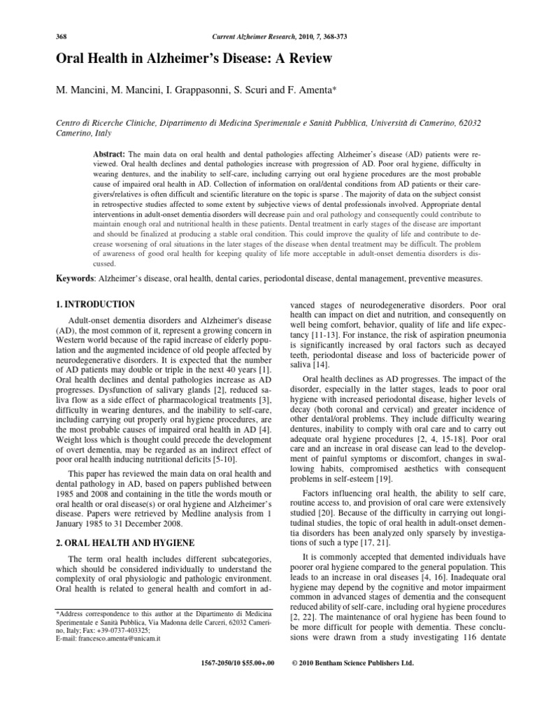 Oral Health Challenges in Alzheimer's Disease | PDF | Dementia ...