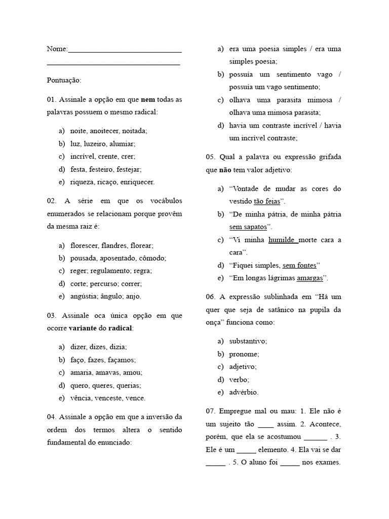 Questões sobre Radicais e Emprego de Palavras | PDF | Morfologia ...