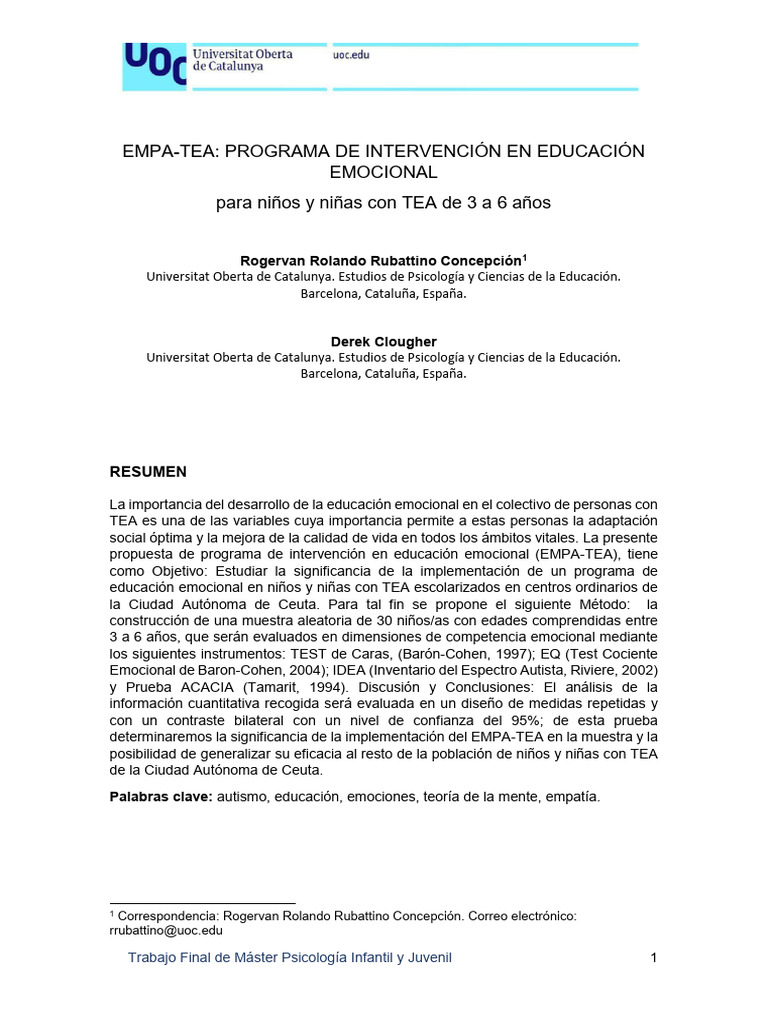 Programa EMPA-TEA: Educación Emocional en TEA | PDF | Espectro autista ...