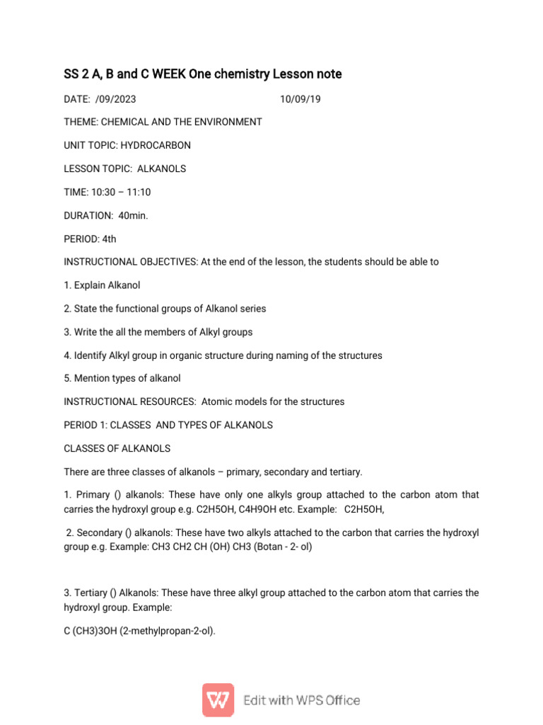 SS 2 A, B and C WEEK One Chemistry Lesson Note PDF Ethanol Alkane
