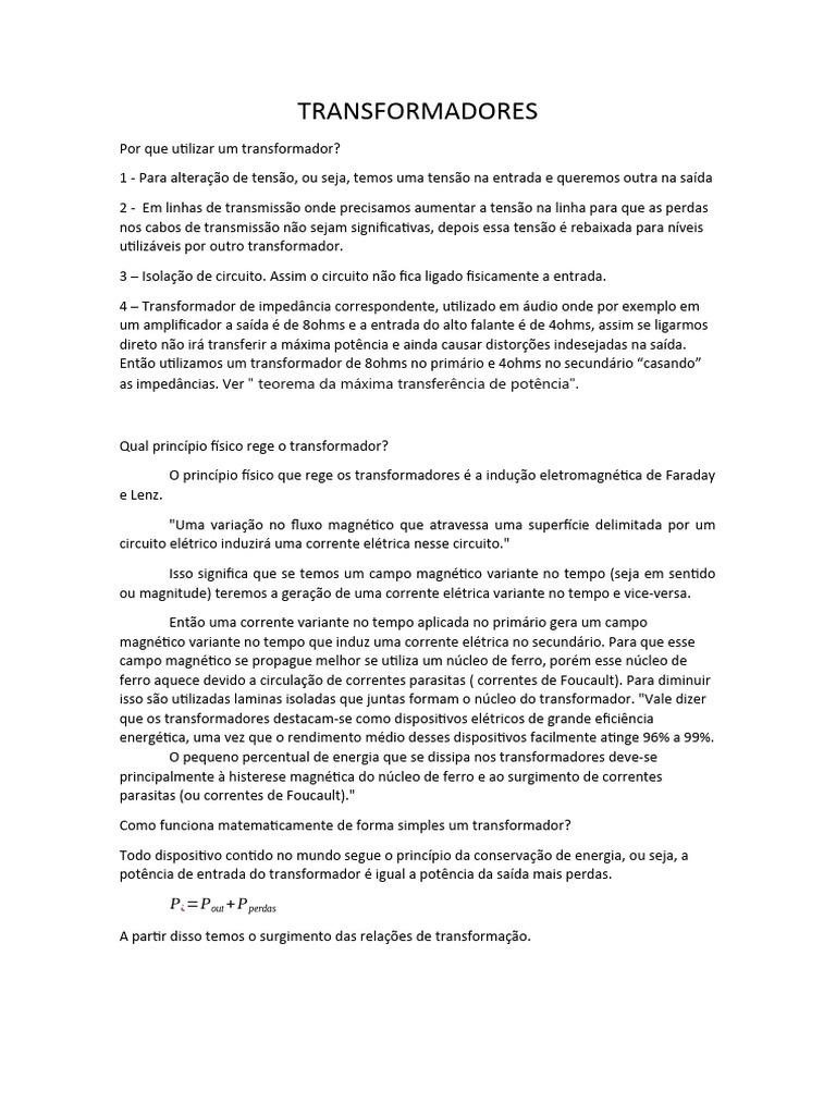 Funcionamento E Aplicações De Transformadores Pdf Transformador