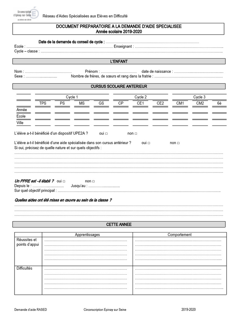 Demande d'Aide RASED 2019-2020 | PDF | Jeux et activités
