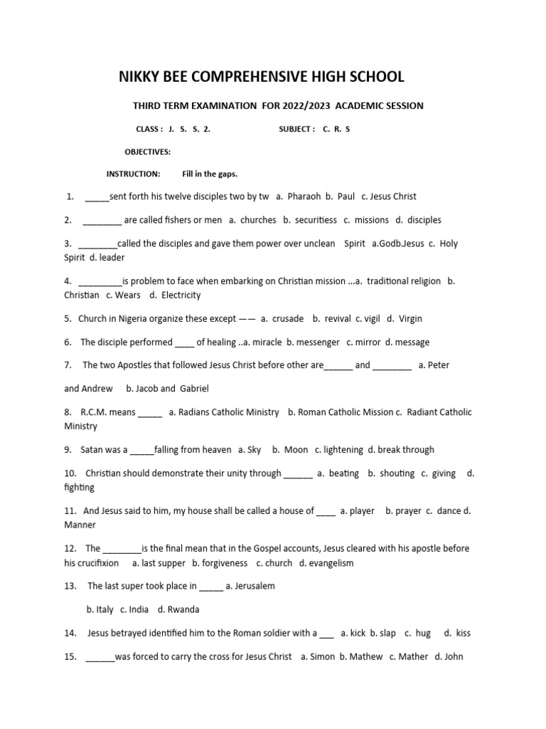 JSS2 CRS Third Term Exam Questions | PDF | Jesus | Parables Of Jesus