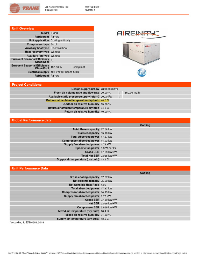 CRAC Data Sheet 35.9 kW_TRANE | PDF | Decibel | Air Conditioning