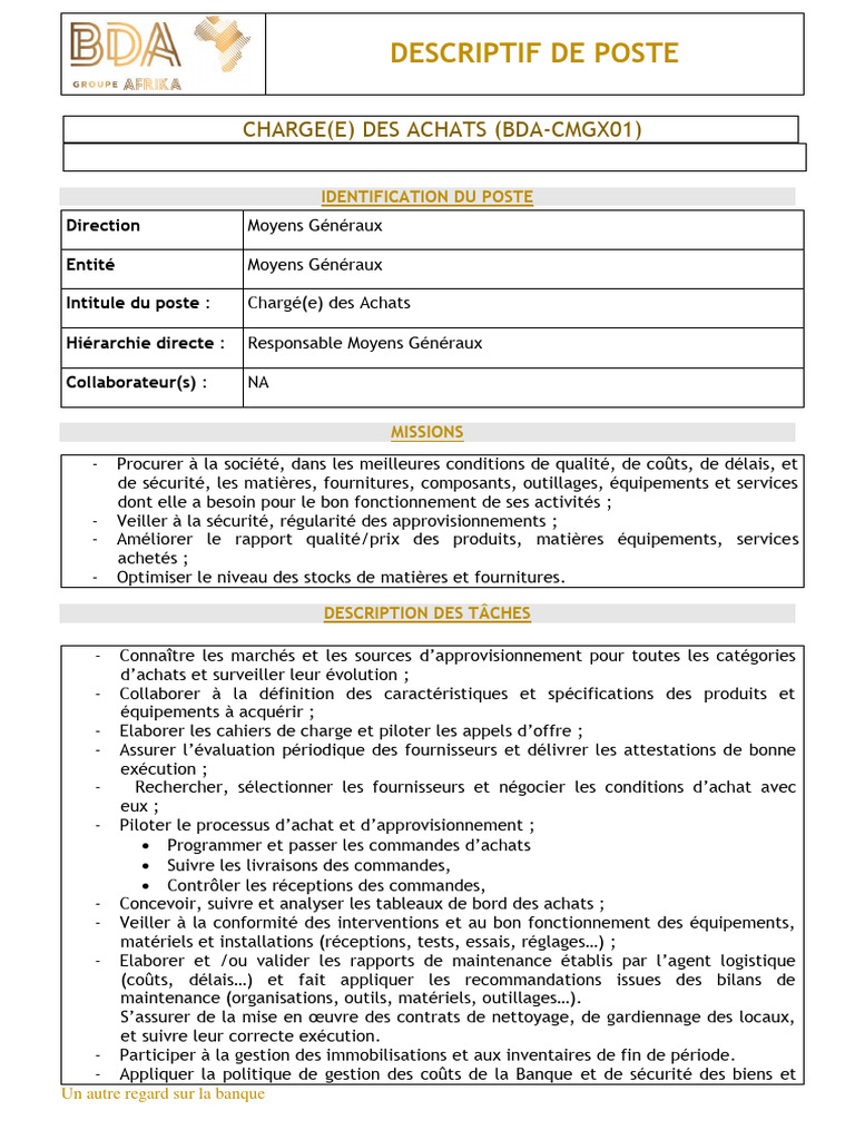 Fiche de poste : Chargé(e) des Achats | PDF | Logistique | Business