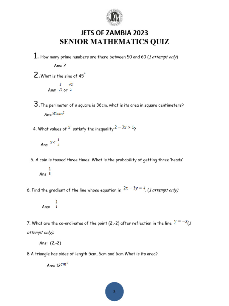 Senior Mathematics Quiz 2023 | PDF | Circle | Elementary Mathematics