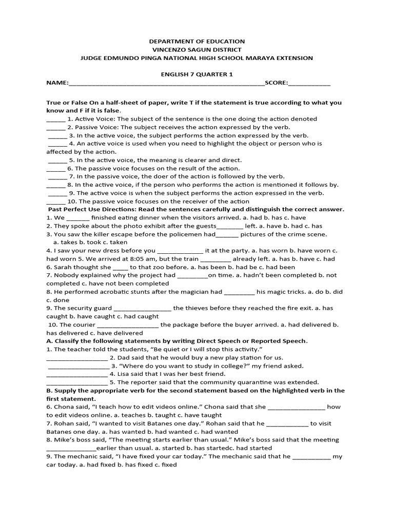 English 7 Quarter 1 Assessment Guide | PDF | Verb
