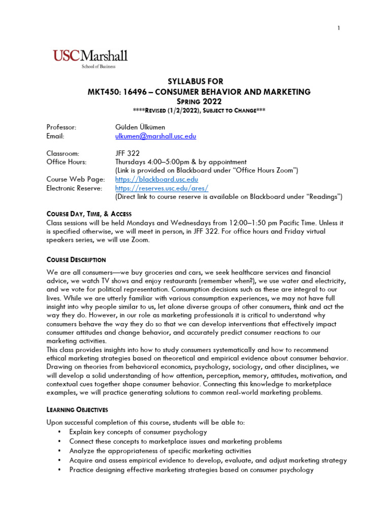 MKT450 Consumer Behavior Syllabus | PDF | Plagiarism | Consumer Behaviour