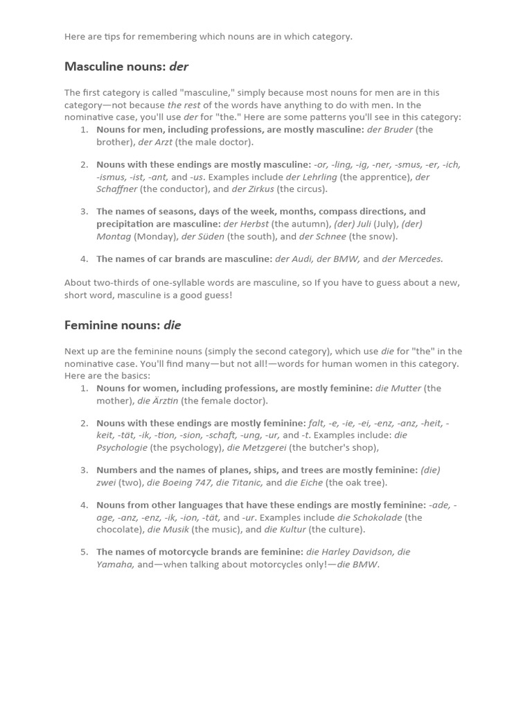 German Noun Gender Guide | PDF | Grammatical Gender | Syntax
