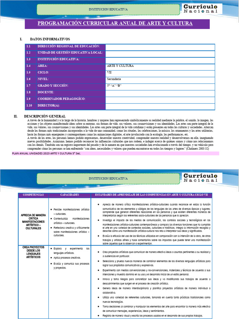 Plan Anual de Arte y Cultura 5° Sec. | PDF | Adultos | Bailes