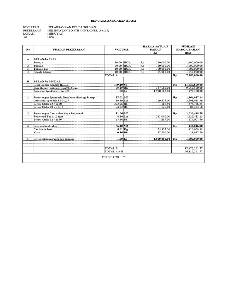 Rincian Biaya Pembuatan Booth Container | PDF