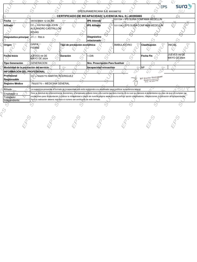 Certificado de Incapacidad Sura 2024 | PDF | Cuidado de la salud | Medicina