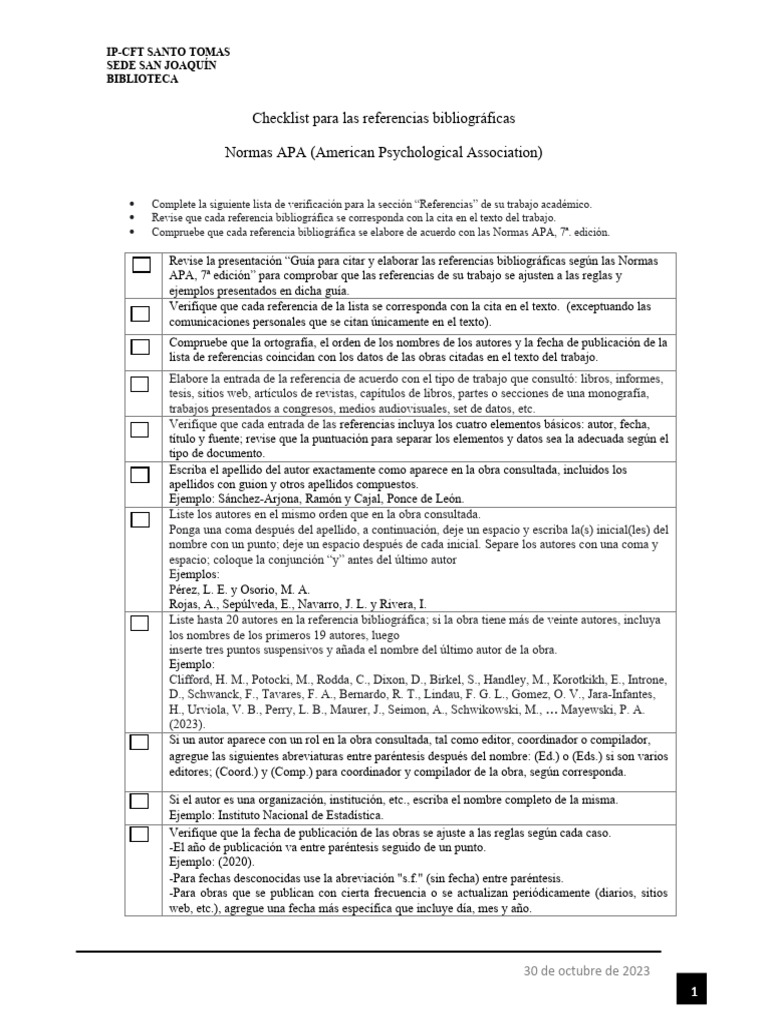 Checklist Referencias APA-1 | Descargar gratis PDF | Citación | Estilo apa