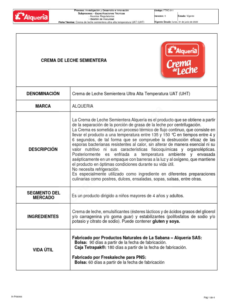 Ficha Tecnica Crema de Leche Alqueria) PDF Alimentos Leche