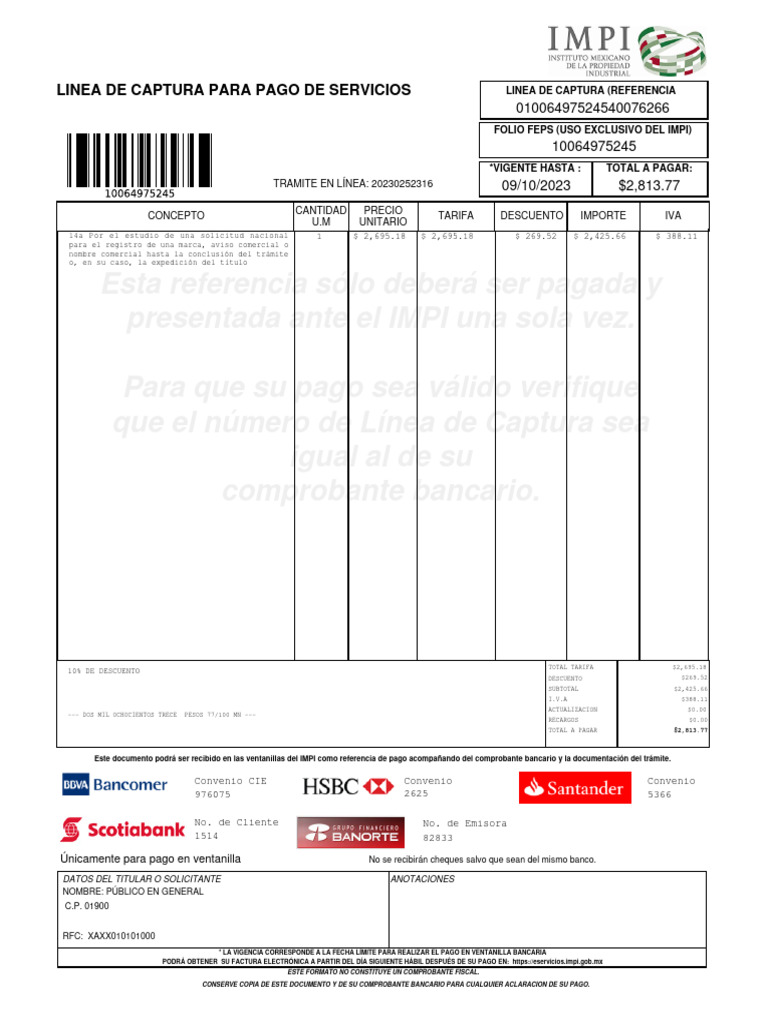 Pago de Referencia IMPI: Instrucciones y Detalles | PDF | Dinero | Bancario