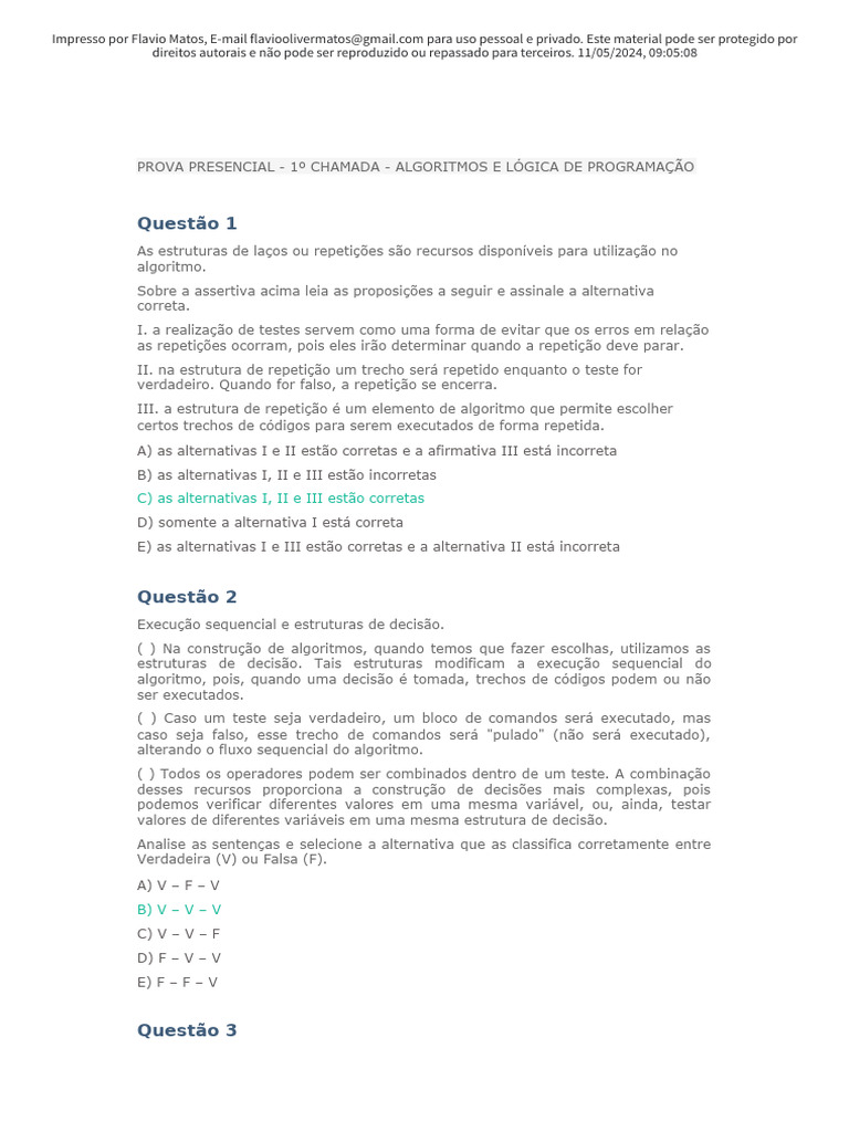 Prova de Algoritmos e Lógica de Programação | PDF | Algoritmos | Recursão