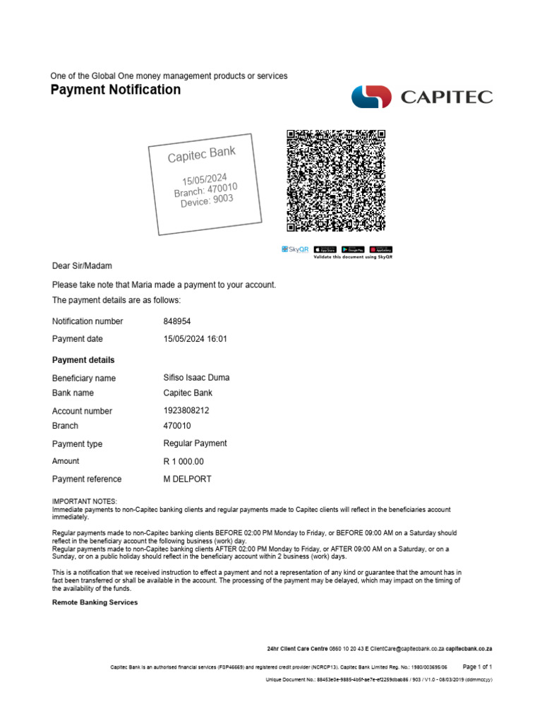 Capitec Bank Payment Notification Details | PDF | Banks | Banking