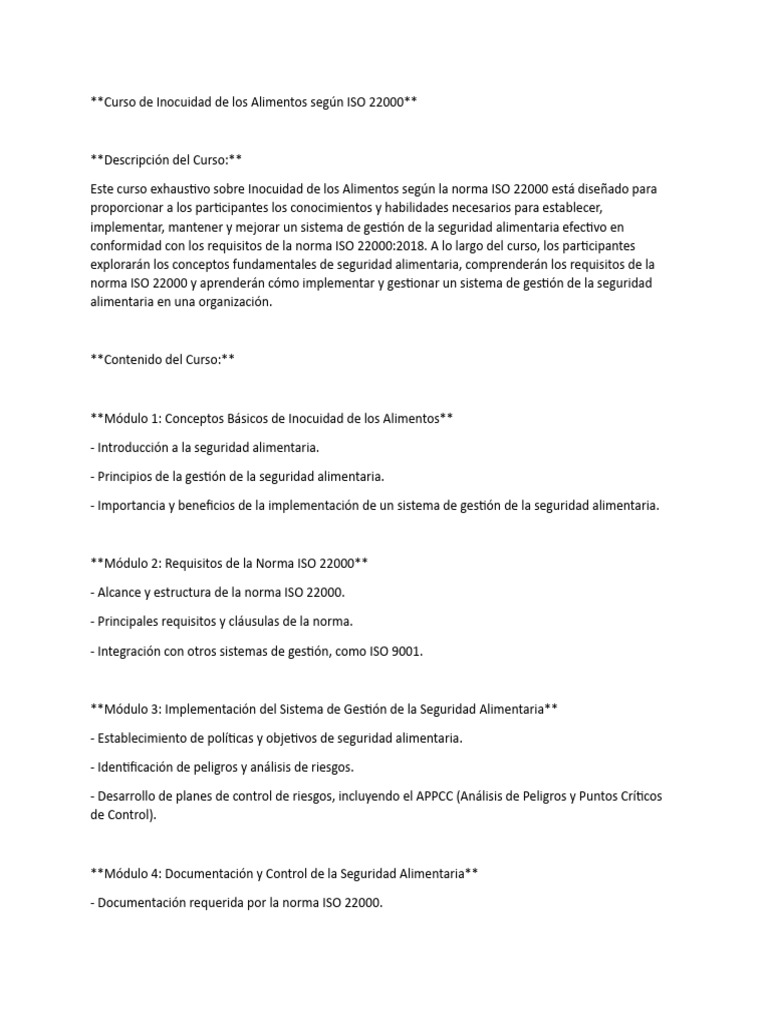 Curso ISO 22000: Inocuidad Alimentaria | PDF | Seguridad alimenticia ...