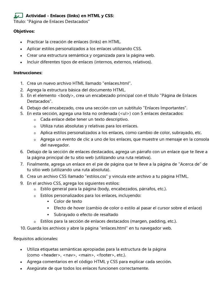 Actividad enlaces links en html y css pdf html hiperv nculo